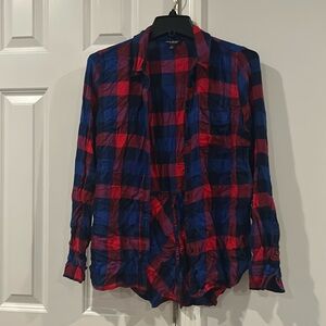 Lucky Brand Flannel Shirt Bungalow Plaid Red Blue Button Up Long Sleeve